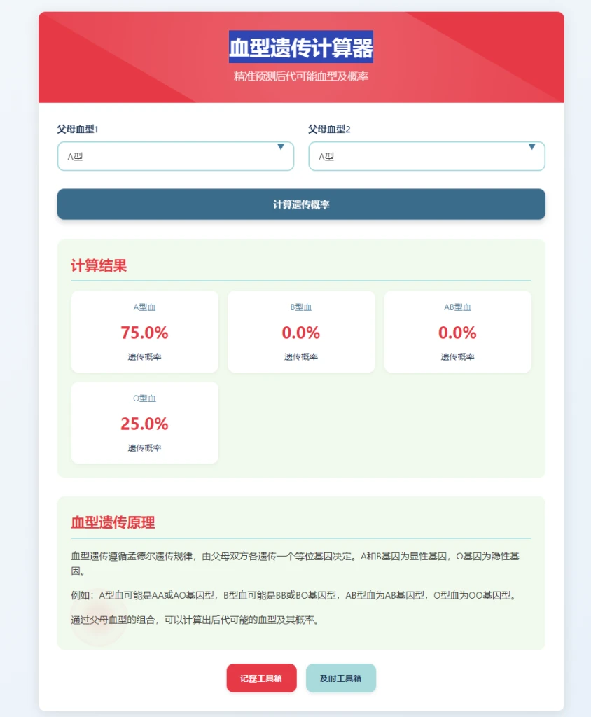 父母血型组合计算后代血型及概率 – 血型遗传计算器源码 - 狐狸资源网