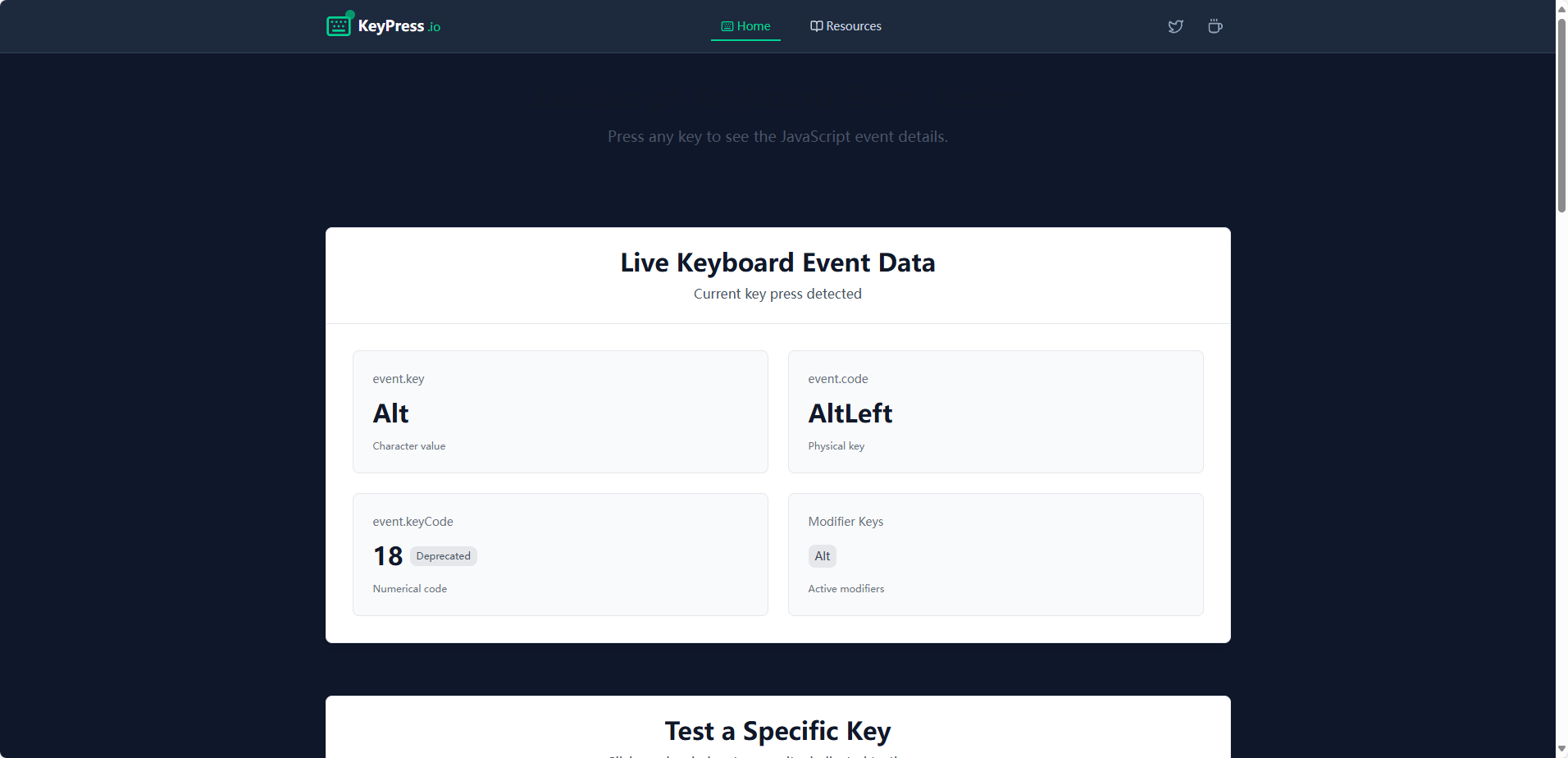 KeyPress.io：免费的在线键盘事件测试工具，可实时显示按键的 event.key、event.code 等属性，帮助前端开发者轻松调试键盘输入相关的代码